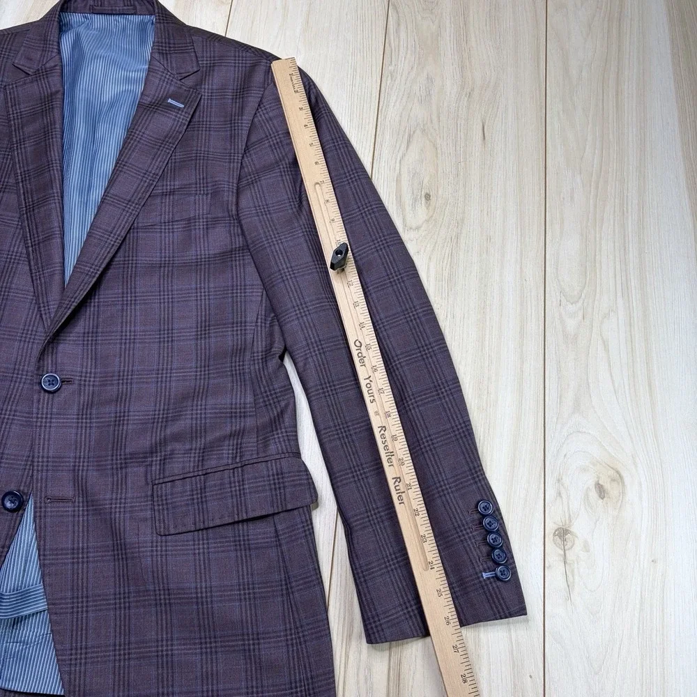 The Trunk Club Custom Twill Wool Mini-Windowpane Plaid Blazer Mens 40R Burgundy